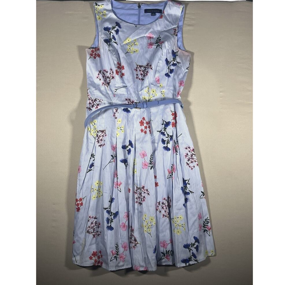 Tommy Hilfiger Blue Floral Fit & Flare Dress, Round Neck, Zip, Pleated, 8